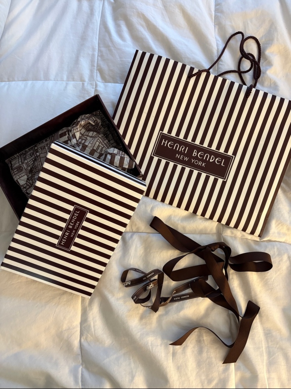 henri bendel Brown & White Striped Gift Bag and Box Set